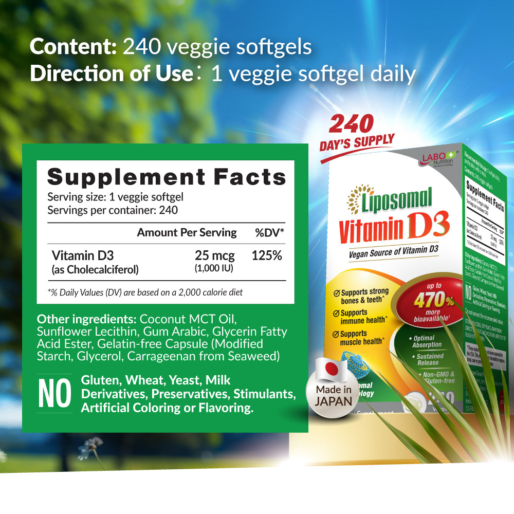 LABO Liposomal Vitamin D3, High Potency Vegan-Sourced for Optimal Absorption, Sustained Release, 470% Bioavailable, Boost Immunity, Bone & Brain Health, 240 Days Supply, Non-GMO, Gluten Free - Lifestream Group US