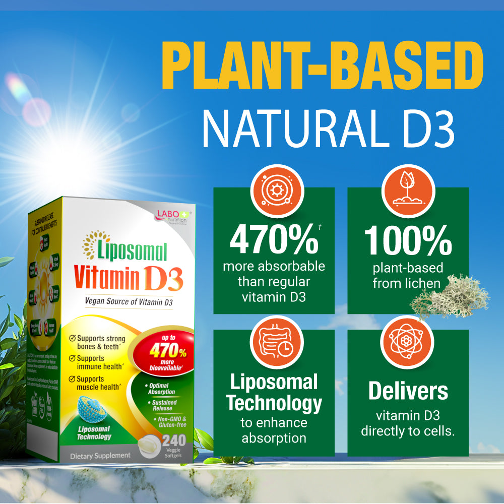 LABO Nutrition Liposomal Vitamin D3, High Potency Vegan-Sourced for Optimal Absorption, Sustained Release, 470% Bioavailable, Boost Immunity, Bone &amp; Brain Health, 240 Days Supply, Non-GMO, Gluten Free - Lifestream Group US
