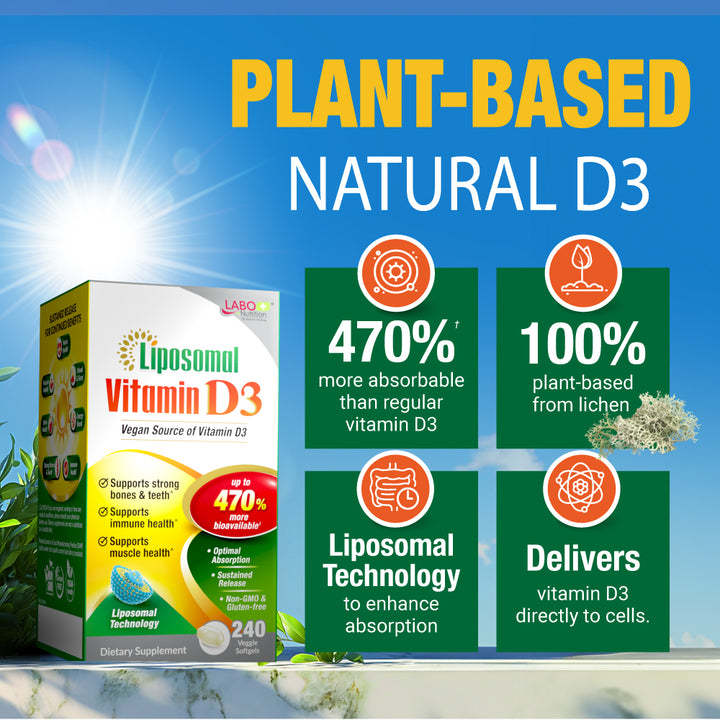 LABO Nutrition Liposomal Vitamin D3, High Potency Vegan-Sourced for Optimal Absorption, Sustained Release, 470% Bioavailable, Boost Immunity, Bone &amp; Brain Health, 240 Days Supply, Non-GMO, Gluten Free - Lifestream Group US