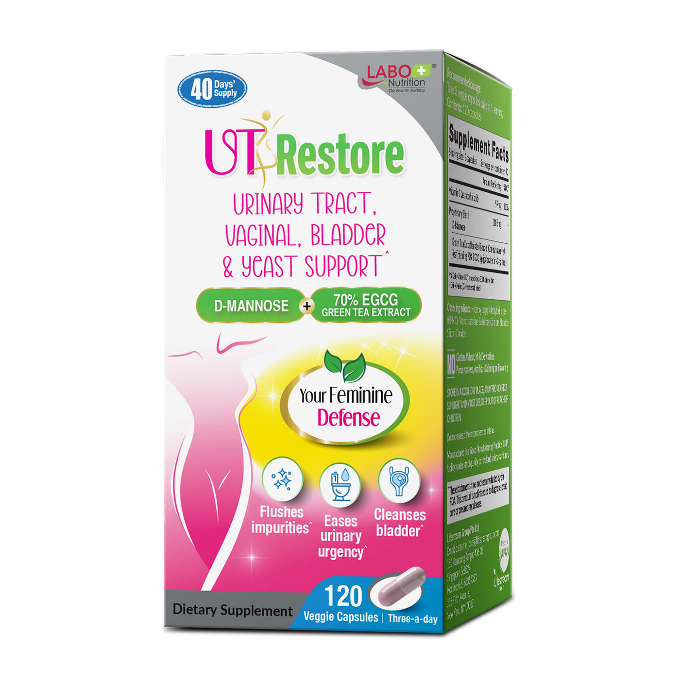 LABO Nutrition UTRestore D-Mannose & Green Tea Extract 70% EGCG, Urinary Tract Health for Women, Bladder Support with Vitamin C, 40 Days Supply, Vegan, Fast-Acting, Flush, Cleanse, Halal Certified