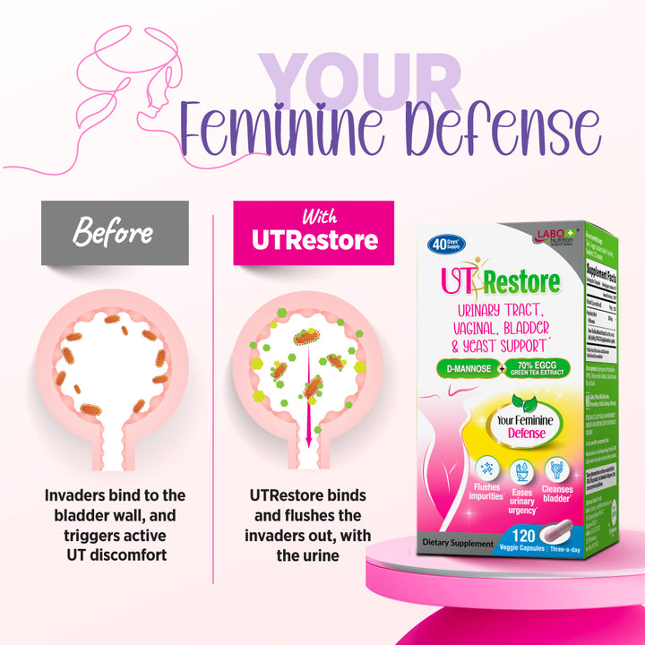 LABO Nutrition UTRestore D-Mannose &amp; Green Tea Extract 70% EGCG, Urinary Tract Health for Women, Bladder Support with Vitamin C, 40 Days Supply, Vegan, Fast-Acting, Flush, Cleanse, Halal Certified - Lifestream Group US