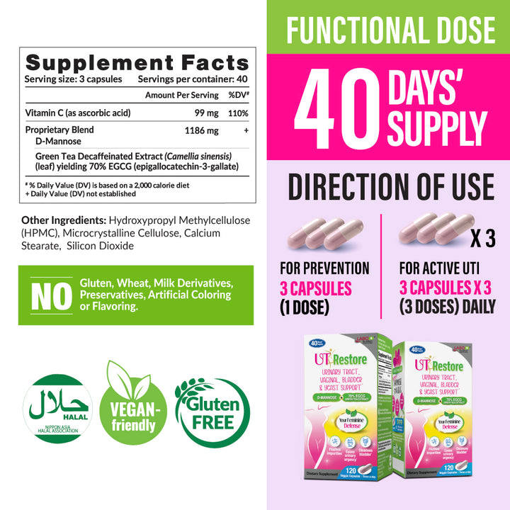 LABO Nutrition UTRestore D-Mannose &amp; Green Tea Extract 70% EGCG, Urinary Tract Health for Women, Bladder Support with Vitamin C, 40 Days Supply, Vegan, Fast-Acting, Flush, Cleanse, Halal Certified - Lifestream Group US