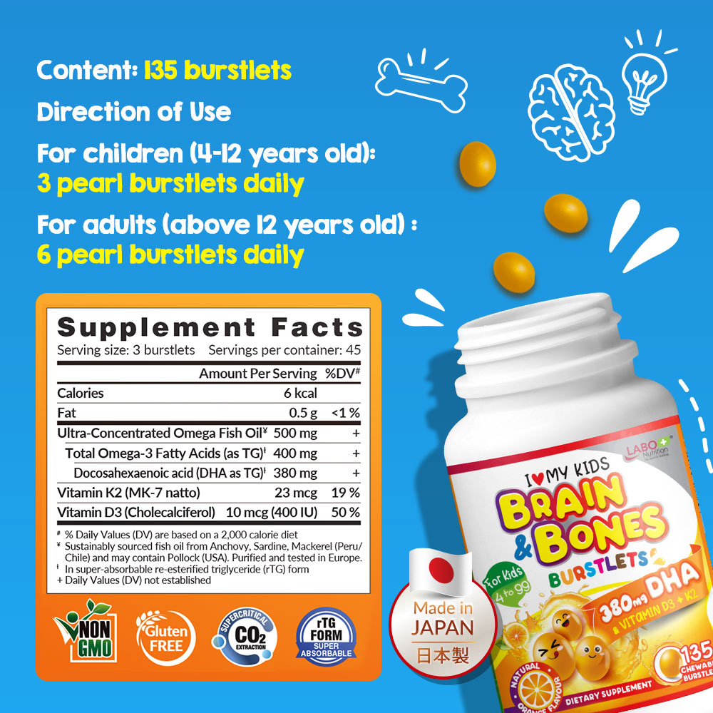 LABO Nutrition I ♥ My Kids Brain &amp; Bones Chewable Burstlet, Orange - 76% Ultra-concentrated rTG Form Omega 3 DHA Fish Oil, Vitamin D3 &amp; K2 for Brain - Lifestream Group US