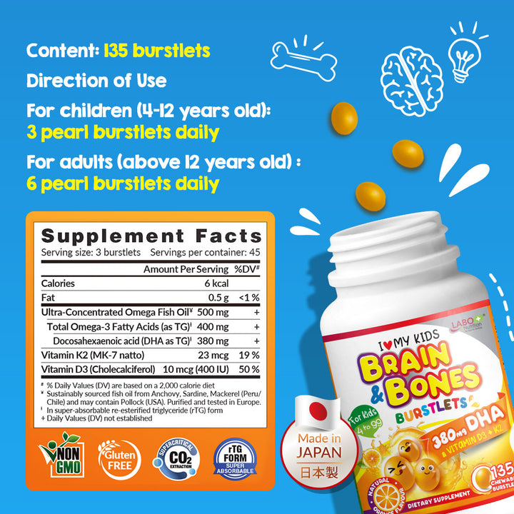 LABO Nutrition I ♥ My Kids Brain &amp; Bones Chewable Burstlet, Orange - 76% Ultra-concentrated rTG Form Omega 3 DHA Fish Oil, Vitamin D3 &amp; K2 for Brain - Lifestream Group US