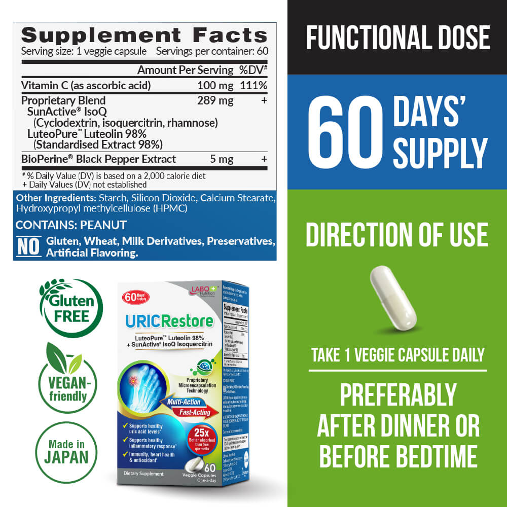 LABO URICRestore - Uric Acid Cleanse &amp; Support, Joint Discomfort Relief, Kidney Support, Powerful Antioxidant, Research-Backed Formula, Immediate Relief, 1 Capsule Daily, 2 Months Supply - Lifestream Group US