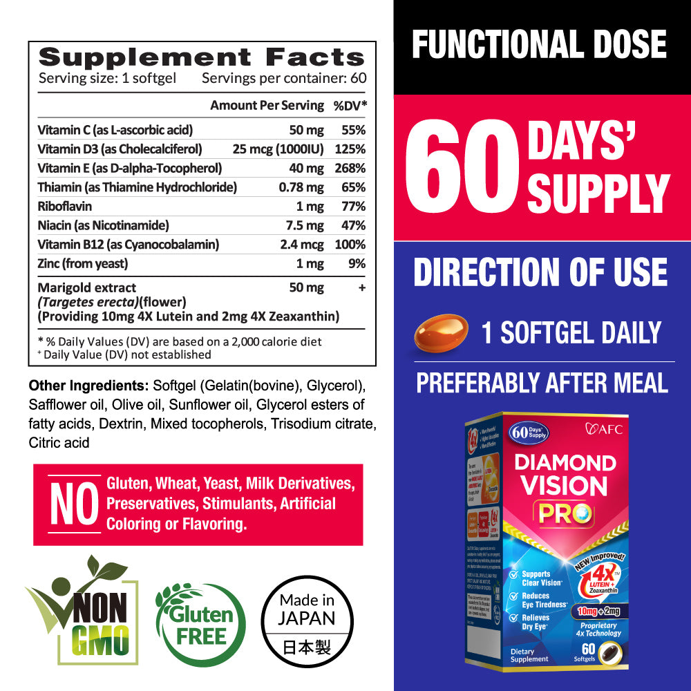 AFC Japan Diamond Vision PRO 4X - Vision Formula with Lutein 4X &amp; Zeaxanthin for Strain, Fatigue, Blurry &amp; Poor Vision, Dryness, Vision Health, 60 Count - Lifestream Group US