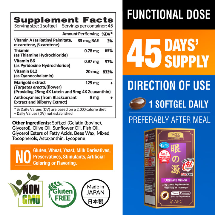 AFC Japan Ultimate Vision - Eye Formula with Lutein 4X, Zeaxanthin, Bilberry Extract and Vitamins for Age-Related Eye Problem, Blurry &amp; Poor Vision, Dry Eye, Macular Health, 45 Counts - Lifestream Group US