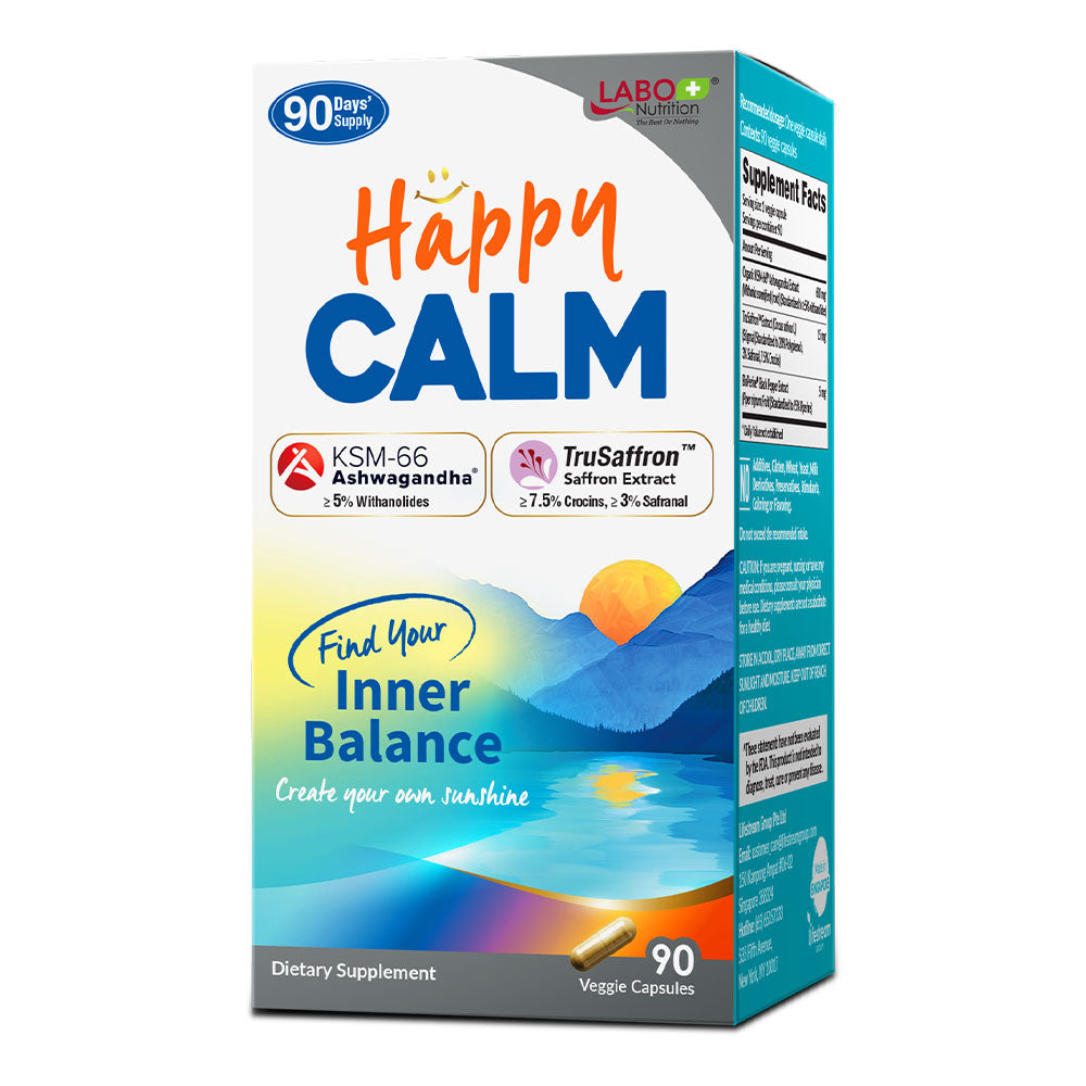 LABO Happy Calm with KSM-66 Ashwagandha, Saffron Extract and Black Pepper Extract for Stress, Cognitive Health, Immune Boost, Quality Sleep, 5% Withanolides, 90 Vegan Capsule - Lifestream Group US