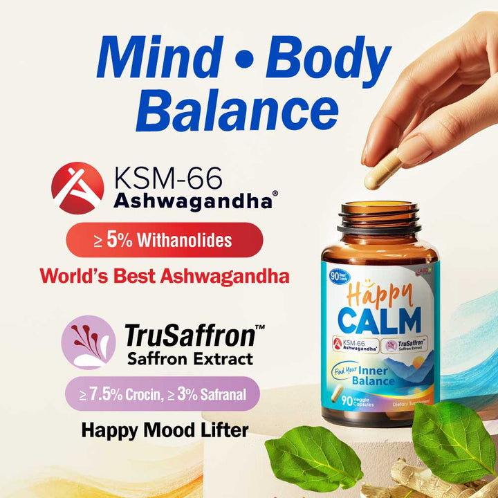 LABO Nutrition HappyCalm Stress &amp; Sleep Support Supplement – KSM-66 Ashwagandha, Saffron Extract &amp; Black Pepper, 90 Vegan Capsules