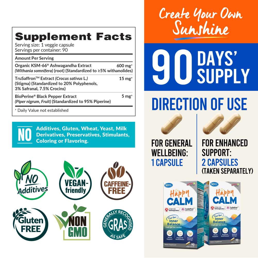 LABO Nutrition HappyCalm Stress &amp; Sleep Support Supplement – KSM-66 Ashwagandha, Saffron Extract &amp; Black Pepper, 90 Vegan Capsules