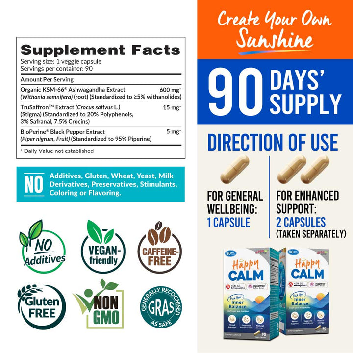 LABO Nutrition HappyCalm Stress &amp; Sleep Support Supplement – KSM-66 Ashwagandha, Saffron Extract &amp; Black Pepper, 90 Vegan Capsules
