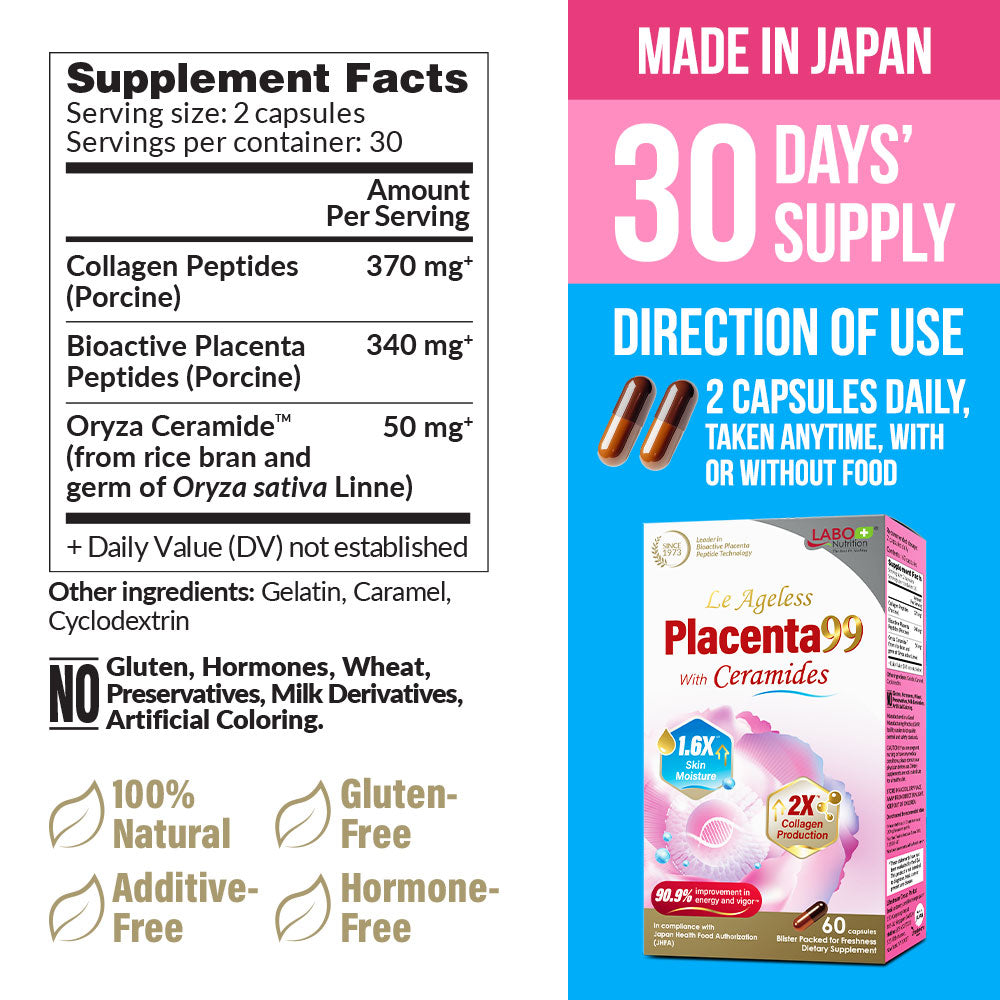 LABO Nutrition Le Ageless Placenta 99 with Ceramides – Placenta Supplement with Collagen Peptides &amp; Oryza Ceramides for Skin Regeneration, Hydration, Anti-Aging, Wrinkle Support &amp; Immune Health, 60 Capsules - Lifestream Group US