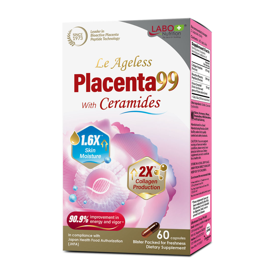 LABO Nutrition Le Ageless Placenta 99 with Ceramides – Placenta Supplement with Collagen Peptides & Oryza Ceramides for Skin Regeneration, Hydration, Anti-Aging, Wrinkle Support & Immune Health, 60 Capsules - Lifestream Group US