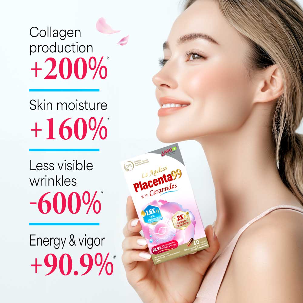 LABO Nutrition Le Ageless Placenta 99 with Ceramides – Placenta Supplement with Collagen Peptides &amp; Oryza Ceramides for Skin Regeneration, Hydration, Anti-Aging, Wrinkle Support &amp; Immune Health, 60 Capsules - Lifestream Group US