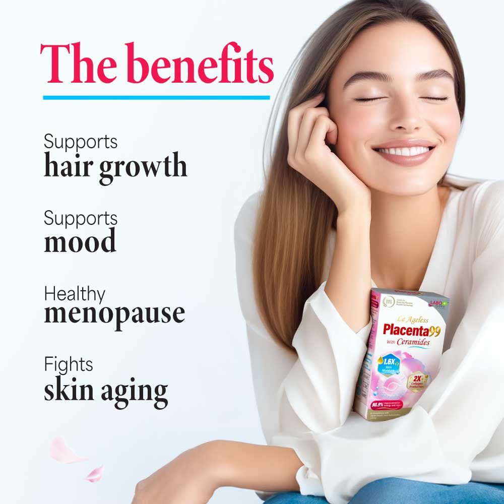 LABO Nutrition Le Ageless Placenta 99 with Ceramides – Placenta Supplement with Collagen Peptides &amp; Oryza Ceramides for Skin Regeneration, Hydration, Anti-Aging, Wrinkle Support &amp; Immune Health, 60 Capsules - Lifestream Group US