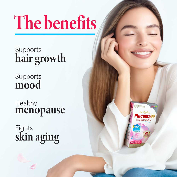 LABO Nutrition Le Ageless Placenta 99 with Ceramides – Placenta Supplement with Collagen Peptides &amp; Oryza Ceramides for Skin Regeneration, Hydration, Anti-Aging, Wrinkle Support &amp; Immune Health, 60 Capsules - Lifestream Group US