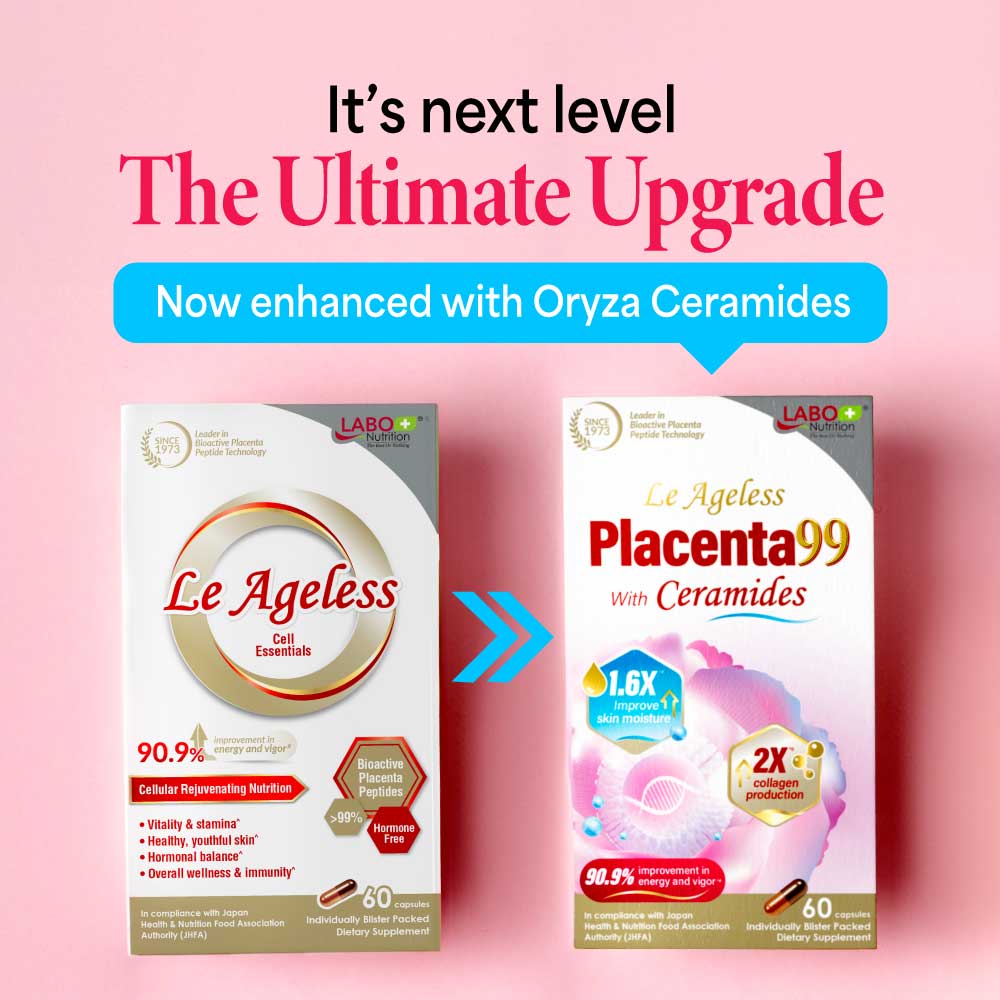 LABO Nutrition Le Ageless Placenta 99 with Ceramides – Placenta Supplement with Collagen Peptides &amp; Oryza Ceramides for Skin Regeneration, Hydration, Anti-Aging, Wrinkle Support &amp; Immune Health, 60 Capsules - Lifestream Group US