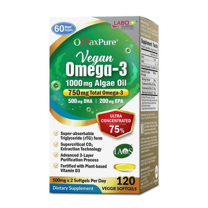 LABO OmaxPure Vegan Omega-3 Algae Oil, IAOS-Certified Algae Oil As Good As Fish Oil High DHA EPA for Heart Eye Brain Joint Health - Lifestream Group US
