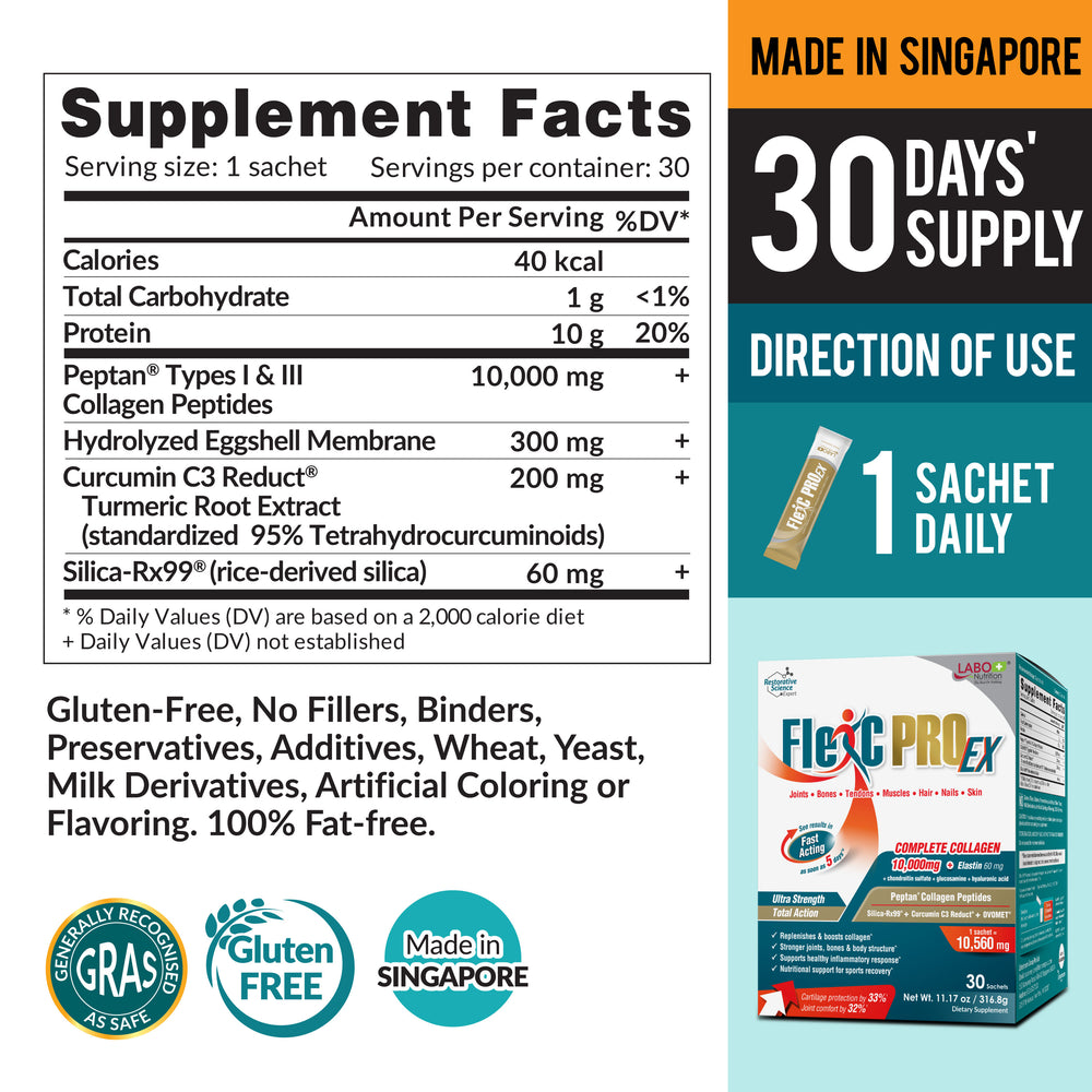 LABO Nutrition FlexC PRO EX, Full Spectrum Collagen, Type I, III, V & X, Peptan Collagen, Eggshell Membrane, Water Soluble Silica & Curcumin C3 Reduct, for Hair, Skin, Nails, Joint, Bones, Muscles - Lifestream Group US