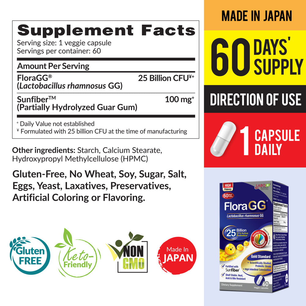 LABO Nutrition FloraGG Lactobacillus Rhamnosus LGG 25 Billion CFU 5-Layer Microencapsulated Active Probiotic & Sunfiber Prebiotic Fiber Supplement | Digestion & Immune Health Support | 60 Capsules - Lifestream Group US