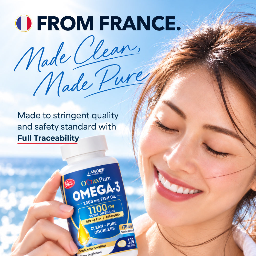 LABO Nutrition OmaxPure Omega 3 Fish Oil, Highest 90% EPA DHA Odorless IFOS Certified for Heart Joint Brain Immune Health
