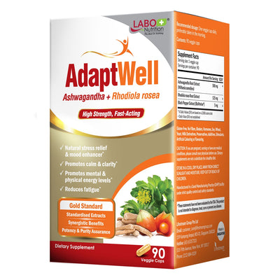 LABO Nutrition AdaptWell Ashwagandha Root Extract >7% withanolides, Rhodiola Rosea Extract >5% rosavins & Bioperine, Stress Relief & Thyroid Support - Lifestream Group US