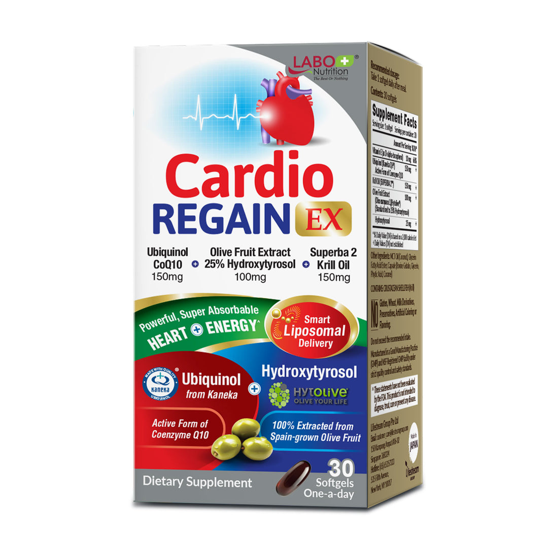 LABO Nutrition CardioREGAIN EX – Ubiquinol CoQ10 Supplement with Kaneka QH 150mg, Olive Fruit Extract (25% Hydroxytyrosol), Krill Oil – Heart, Cellular Energy, Liposomal Absorption, Non-GMO, Soy-Free - Lifestream Group US