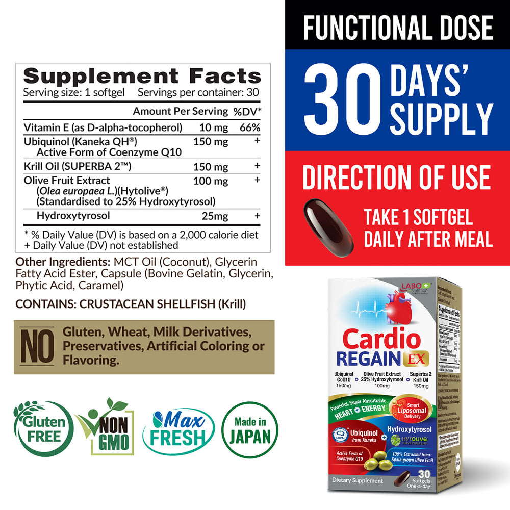 LABO Nutrition CardioREGAIN EX – Ubiquinol CoQ10 Supplement with Kaneka QH 150mg, Olive Fruit Extract (25% Hydroxytyrosol), Krill Oil – Heart, Cellular Energy, Liposomal Absorption, Non-GMO, Soy-Free - Lifestream Group US