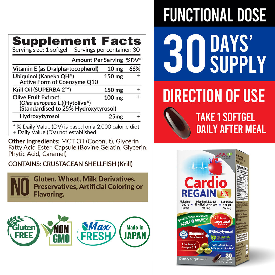 LABO Nutrition CardioREGAIN EX – Ubiquinol CoQ10 Supplement with Kaneka QH 150mg, Olive Fruit Extract (25% Hydroxytyrosol), Krill Oil – Heart, Cellular Energy, Liposomal Absorption, Non-GMO, Soy-Free - Lifestream Group US