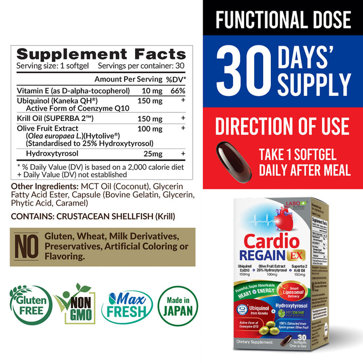 LABO Nutrition CardioREGAIN EX – Ubiquinol CoQ10 Supplement with Kaneka QH 150mg, Olive Fruit Extract (25% Hydroxytyrosol), Krill Oil – Heart, Cellular Energy, Liposomal Absorption, Non-GMO, Soy-Free - Lifestream Group US