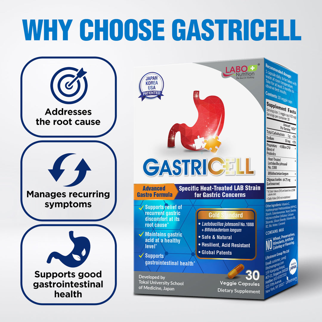 LABO Nutrition GASTRICELL - Eliminate H. Pylori, Relieve Acid Reflux &amp; Heartburn, Regulate Gastric Acid, Natural Treatment, Target The Root Cause of Recurring Gastric Problems, Probiotic, 30 Capsules - Lifestream Group US