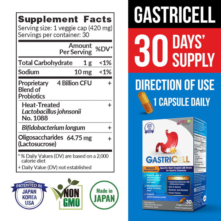 LABO Nutrition GASTRICELL - Eliminate H. Pylori, Relieve Acid Reflux &amp; Heartburn, Regulate Gastric Acid, Natural Treatment, Target The Root Cause of Recurring Gastric Problems, Probiotic, 30 Capsules - Lifestream Group US