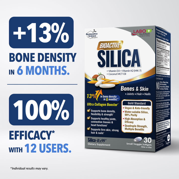 LABO Nutrition Bioactive Silica | Vegan Support for Strong Joint, Bones &amp; Healthy Collagen Production, Glowing Skin, Strong Hair &amp; Nails | 99% Purity Rice-Derived Silica Supplement, 30 Vegan Softgel - Lifestream Group US