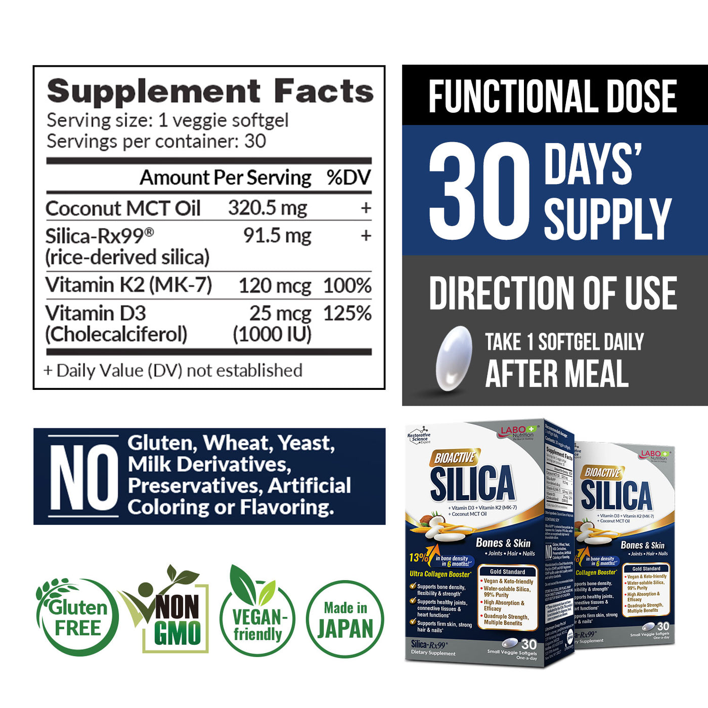 LABO Nutrition Bioactive Silica – For Hair, Skin, Nails, Collagen Formation, Joint & Bone Strength – Support Bone Health & Collagen Booster– 99% Purity Rice-Derived Silica Supplement, 30 Vegan Softgel - Lifestream Group US