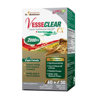 LABO Nutrition VesseCLEAR CX: Nattokinase NSK-SD + Gamma Oryzanol for Clean Blood Vessel & Healthy Ageing, Japan's Most Clinically Studied, Support Healthy Cholesterol, Cardiovascular, Vegan - Lifestream Group US