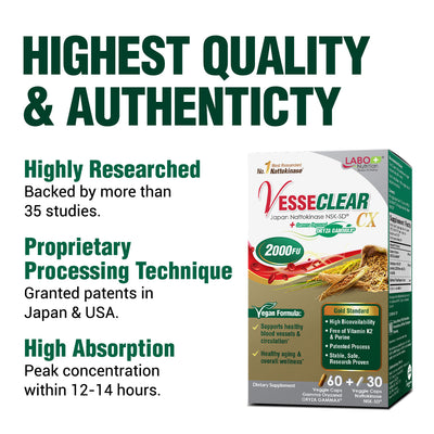 LABO Nutrition VesseCLEAR CX: Nattokinase NSK-SD + Gamma Oryzanol for Clean Blood Vessel & Healthy Ageing, Japan's Most Clinically Studied, Support Healthy Cholesterol, Cardiovascular, Vegan - Lifestream Group US