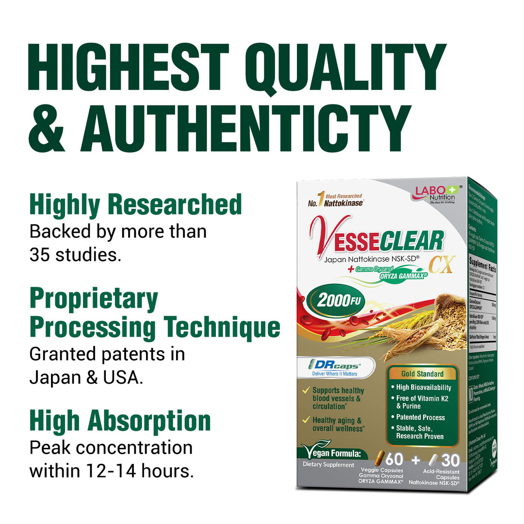 LABO Nutrition VesseCLEAR CX: Artery Cleanse Supplement to Support Blood Pressure, Clean Blood Vessel, Heart &amp; Cholesterol Health Formula | Nattokinase NSK-SD + Gamma Oryzanol | Vegetarian DR Capsules - Lifestream Group US