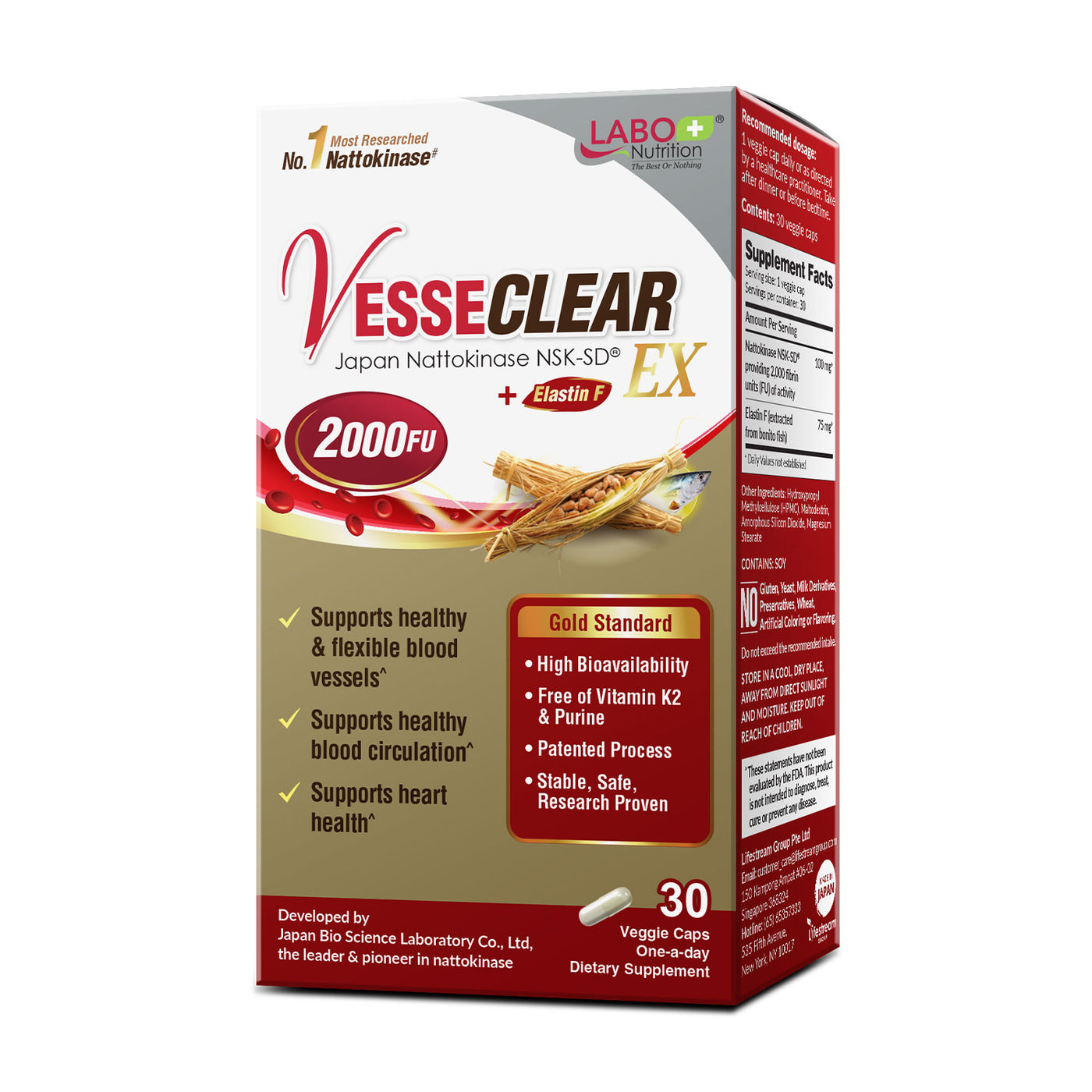 LABO Nutrition VesseCLEAR EX: Nattokinase NSK-SD+Elastin F for Clean & Flexible Blood Vessel. Japan's Most Clinically Studied, Functional Dose, For Cardiovascular, Blood Pressure & Circulation Support - Lifestream Group US