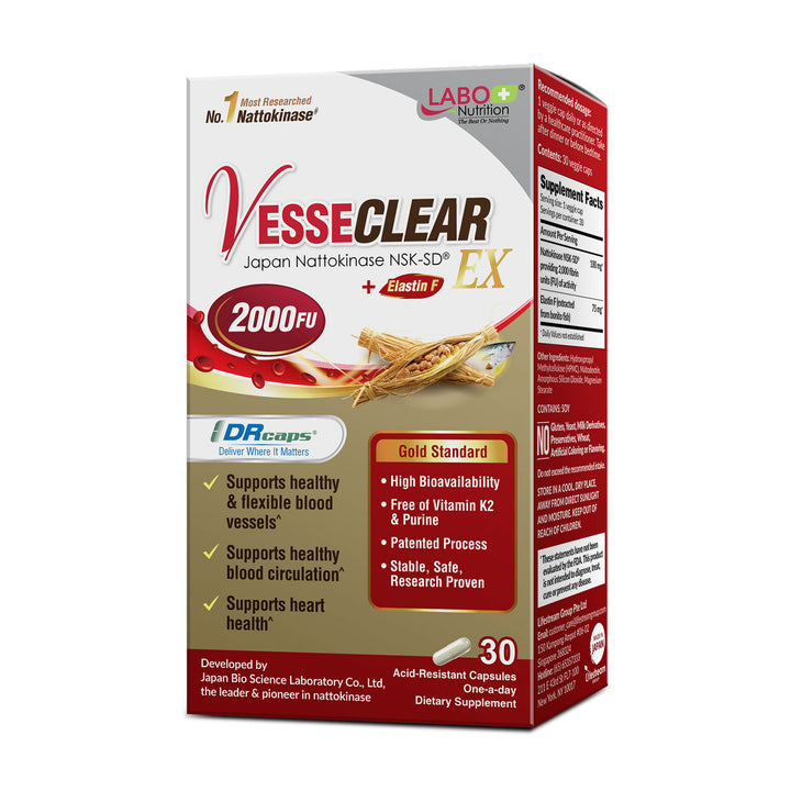 LABO Nutrition VesseCLEAR EX: Artery Cleanse &amp; Elasticity Support Supplement | Healthy Blood Pressure Circulation, Clean Arteries Heart Health Formula | Nattokinase NSK-SD + Elastin F | 30 DR Capsules - Lifestream Group US