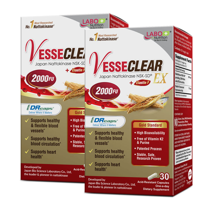 LABO Nutrition VesseCLEAR EX: Artery Cleanse &amp; Elasticity Support Supplement | Healthy Blood Pressure Circulation, Clean Arteries Heart Health Formula | Nattokinase NSK-SD + Elastin F | 30 DR Capsules - Lifestream Group US