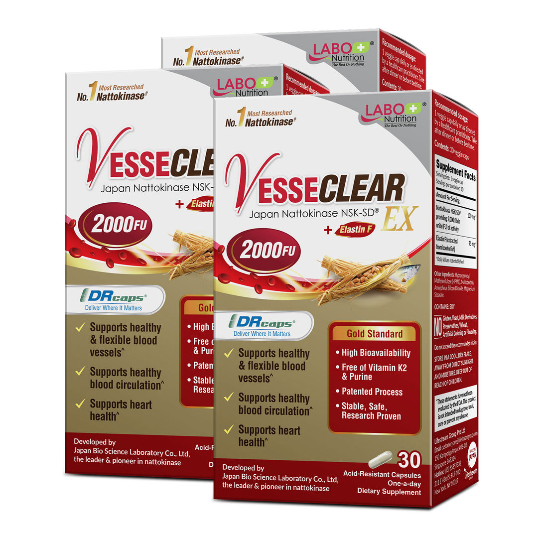 LABO Nutrition VesseCLEAR EX: Artery Cleanse &amp; Elasticity Support Supplement | Healthy Blood Pressure Circulation, Clean Arteries Heart Health Formula | Nattokinase NSK-SD + Elastin F | 30 DR Capsules - Lifestream Group US