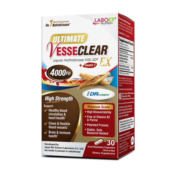 LABO Nutrition Ultimate VesseCLEAR EX – Nattokinase NSK-SD 4000 FU with Elastin F for Circulation & Vascular Support, Delayed Release Capsules - Lifestream Group US