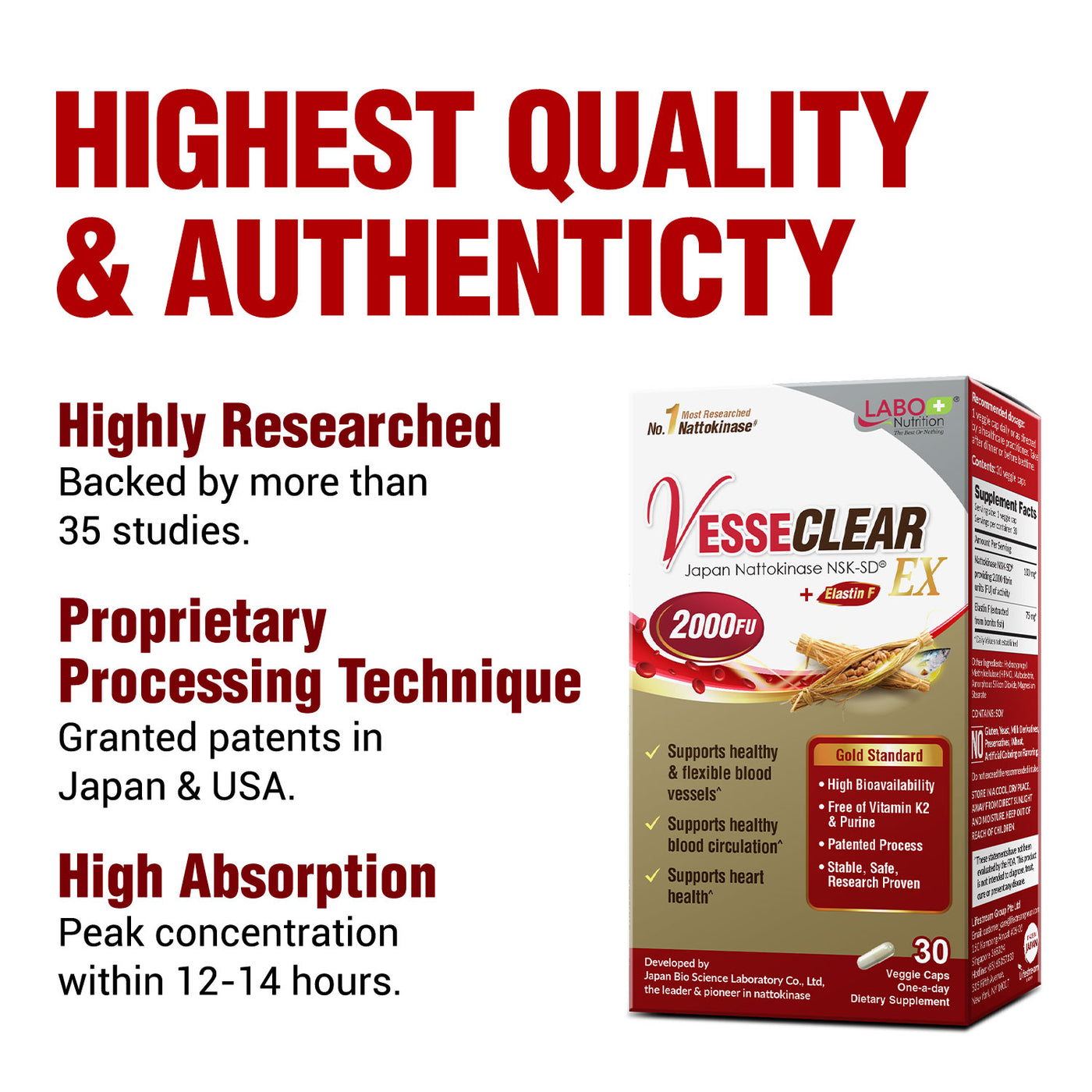 LABO Nutrition VesseCLEAR EX: Nattokinase NSK-SD+Elastin F for Clean & Flexible Blood Vessel. Japan's Most Clinically Studied, Functional Dose, For Cardiovascular, Blood Pressure & Circulation Support - Lifestream Group US