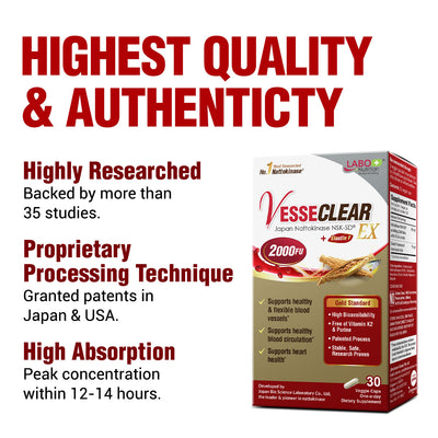 LABO Nutrition VesseCLEAR EX: Nattokinase NSK-SD+Elastin F for Clean & Flexible Blood Vessel. Japan's Most Clinically Studied, Functional Dose, For Cardiovascular, Blood Pressure & Circulation Support - Lifestream Group US