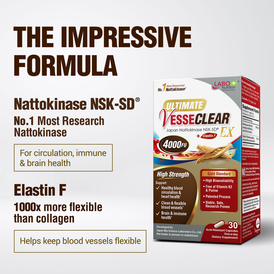 LABO Nutrition Ultimate VesseCLEAR EX Nattokinase NSK-SD 4000FU &amp; Elastin F, Vessel Circulation &amp; Brain Health Support, Japanese Supplement Shelf Stable Acid Resistant DRCaps Delayed Release Capsules - Lifestream Group US