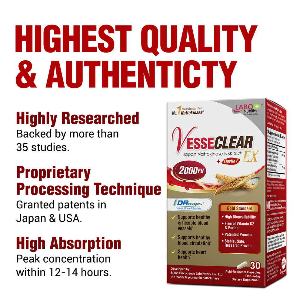 LABO Nutrition VesseCLEAR EX: Artery Cleanse & Elasticity Support Supplement | Healthy Blood Pressure Circulation, Clean Arteries Heart Health Formula | Nattokinase NSK-SD + Elastin F | 30 DR Capsules - Lifestream Group US