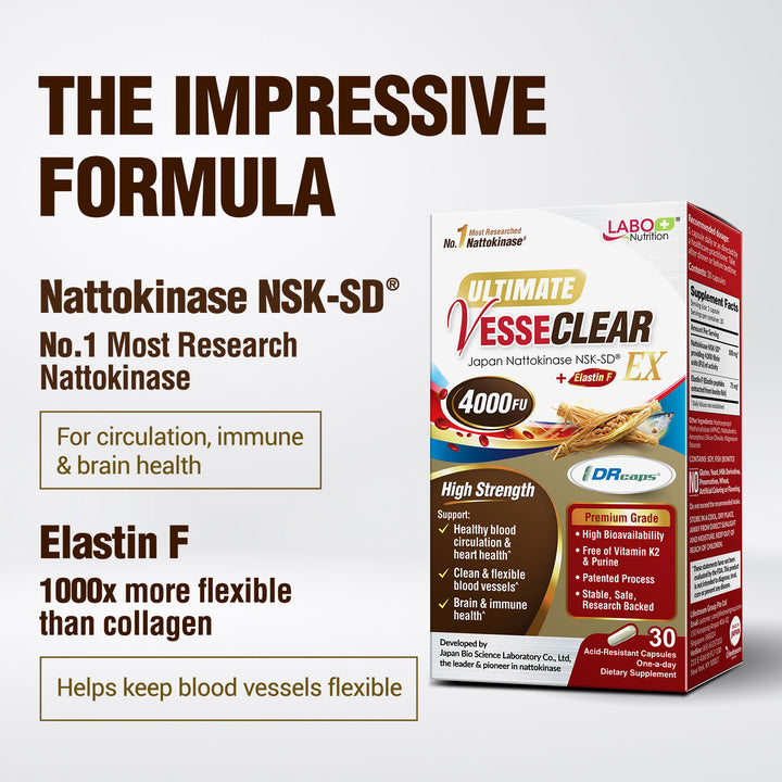 LABO Nutrition Ultimate VesseCLEAR EX – Nattokinase NSK-SD 4000 FU with Elastin F for Circulation &amp; Vascular Support, Delayed Release Capsules - Lifestream Group US