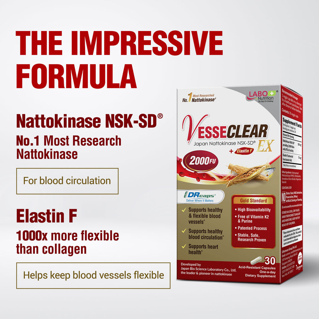 LABO Nutrition VesseCLEAR EX: Artery Cleanse &amp; Elasticity Support Supplement | Healthy Blood Pressure Circulation, Clean Arteries Heart Health Formula | Nattokinase NSK-SD + Elastin F | 30 DR Capsules - Lifestream Group US