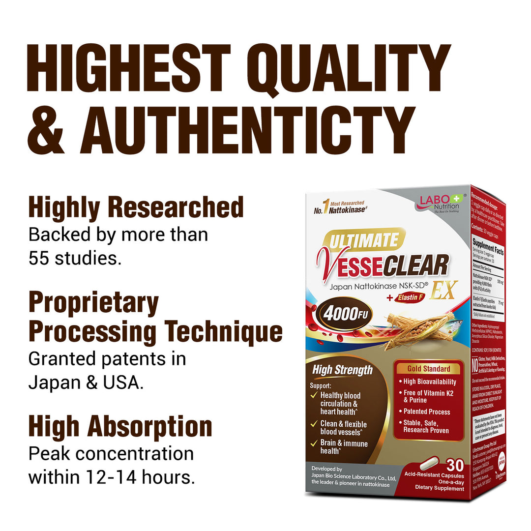 LABO Nutrition Ultimate VesseCLEAR EX Nattokinase NSK-SD 4000FU &amp; Elastin F, Vessel Circulation &amp; Brain Health Support, Japanese Supplement Shelf Stable Acid Resistant DRCaps Delayed Release Capsules - Lifestream Group US