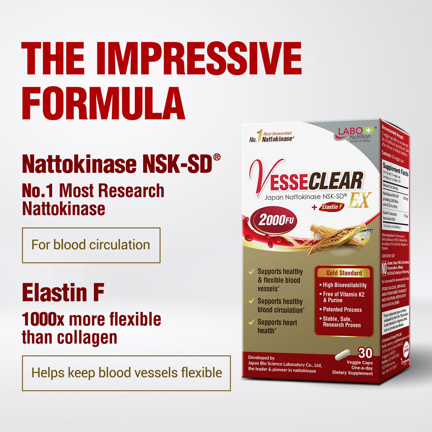 LABO Nutrition VesseCLEAR EX: Nattokinase NSK-SD+Elastin F for Clean & Flexible Blood Vessel. Japan's Most Clinically Studied, Functional Dose, For Cardiovascular, Blood Pressure & Circulation Support - Lifestream Group US